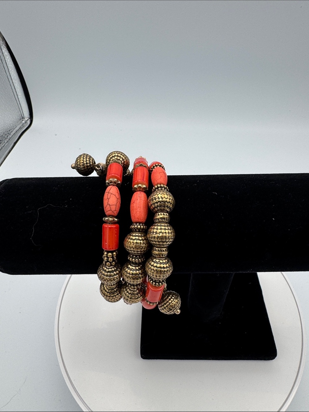 Chico's Coral and Antique Gold Multi-Strand Beaded Stretch Bracelet